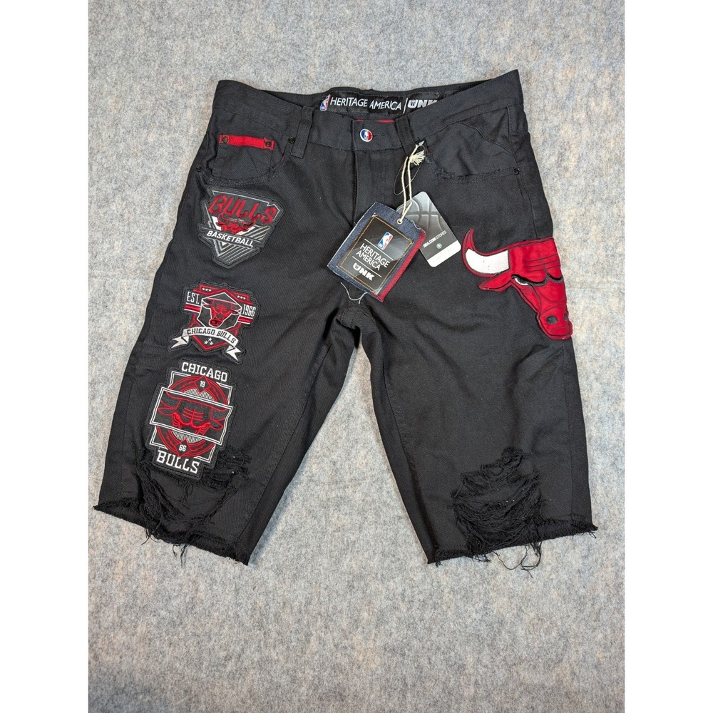 NBA UNK Mens Jeans Chicago Bulls‎ Embroidered Y2K Shorts Black W34 Patches NWT